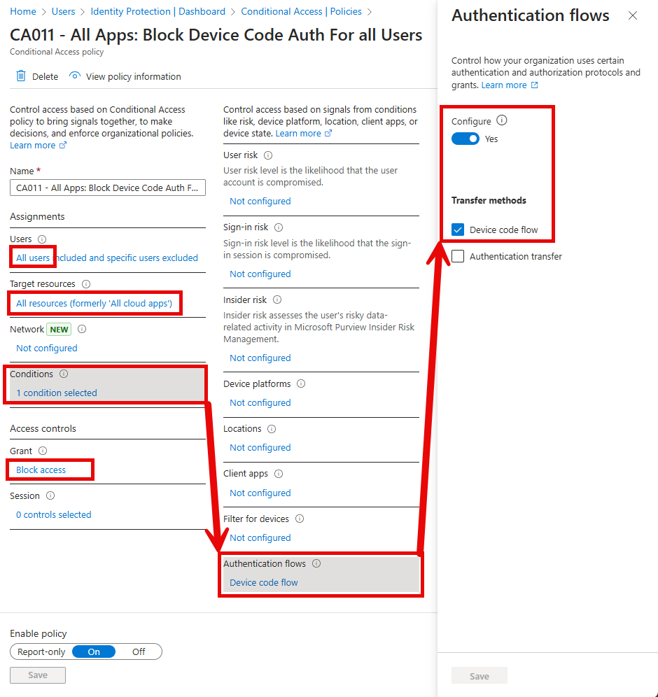 Conditional Access policy blocking device code authentication flow in Microsoft Entra ID